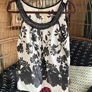 Sleeveless Black & White Floral Beaded Neck Tank Top